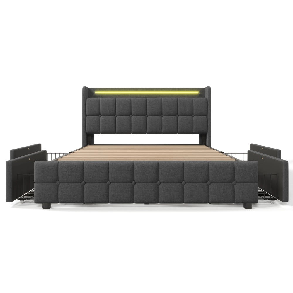 Letto Imbottito con LED, USB e Cassetti ¨C MINIMAL ¨C Grigio, 160x200