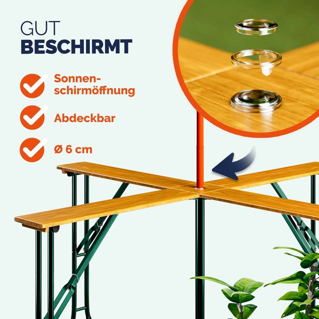 Tavolo Quattro XXL Alto Set Birreria 20 Persone con Supporto Ombrellone Pieghevole Legno Fiere