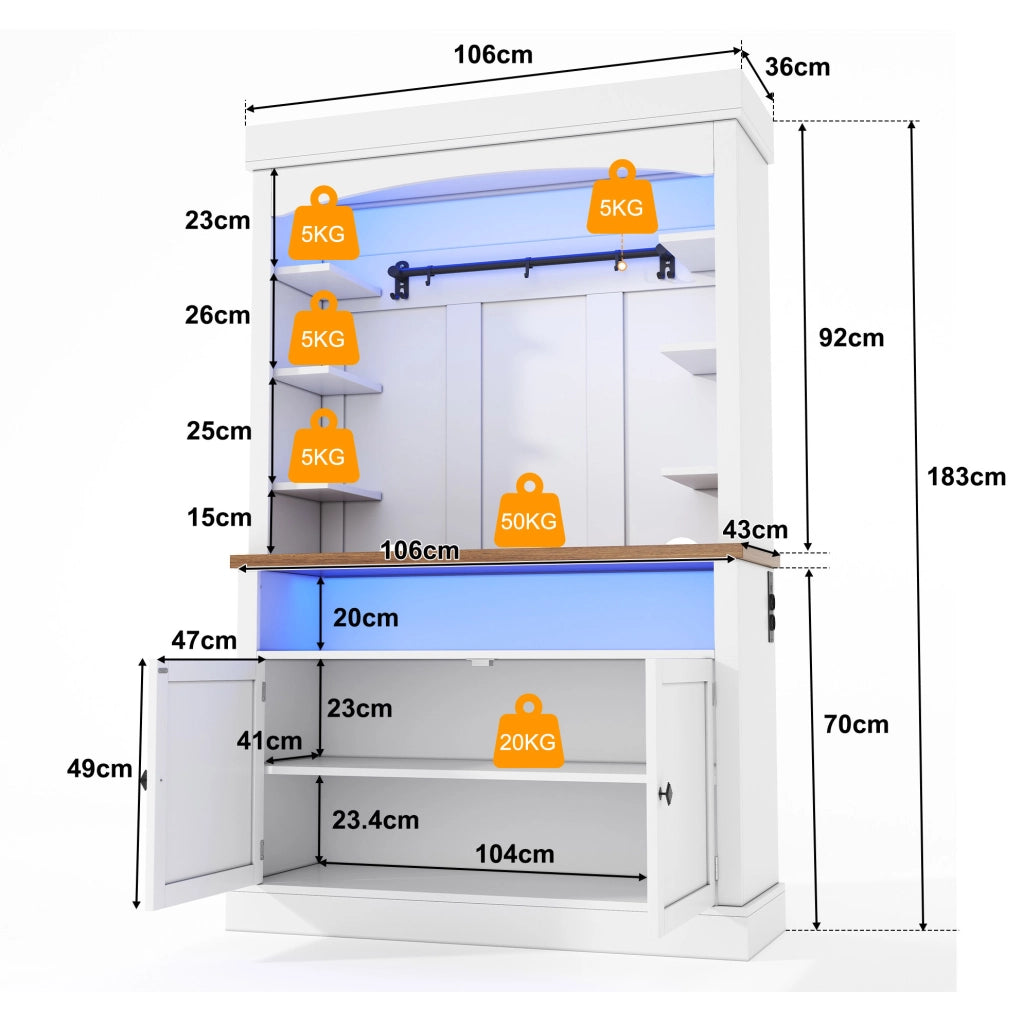 Credenza ad arco 106x43x183 cm con illuminazione LED RGB e presa integrata in MDF bianco