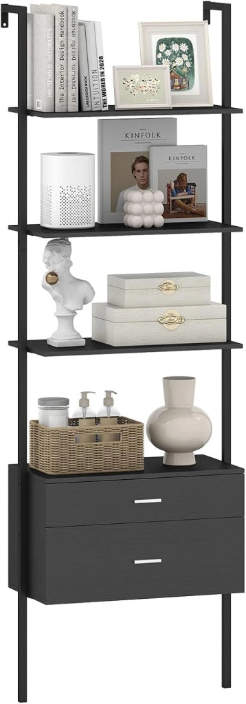 Scaffalatura con 4 ripiani aperti e 2 cassetti, 184 cm, libreria salvaspazio per soggiorno, studio e ufficio, 60 x 30 x 184 cm (nero)