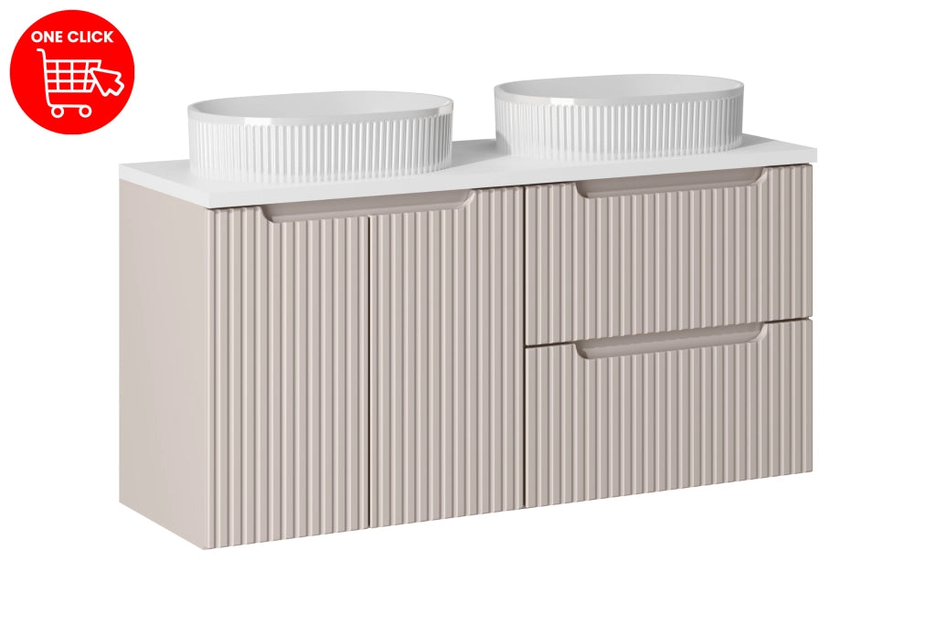 Set mobili bagno 120 cm con piano e 2 lavabi da appoggio Beyond Nova Cashmere 120 x 1401 x 40 cm