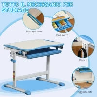 Banco Scuola per Bambini 6-12 Anni con Sedia Regolabile, Cassetto e Piano Inclinabile, 66x47x52-77 cm, Blu