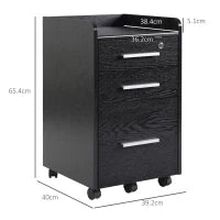 Cassettiera Portadocumenti in Legno a 3 Cassetti con Chiavi di Sicurezza e 5 Ruote, 39.2x40x65.4 cm, Nero