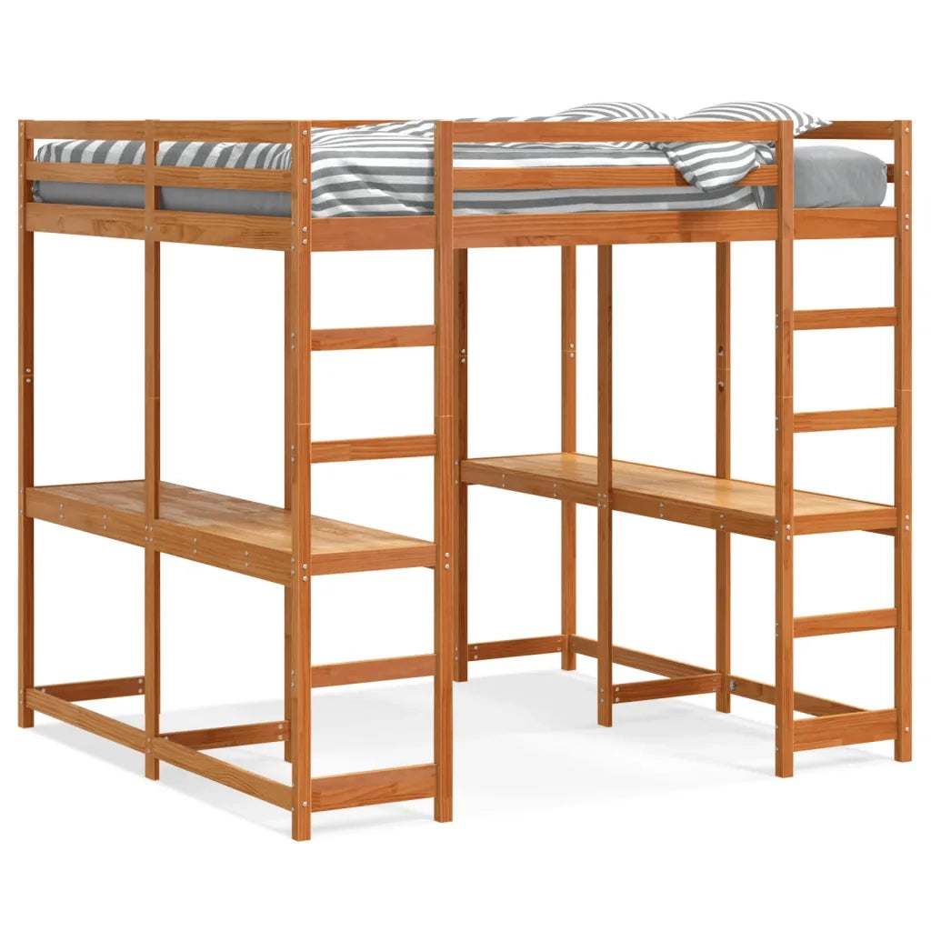 vidaXL Letto Soppalco Scrivania e Scala Marrone Cera 160x200cm Pino