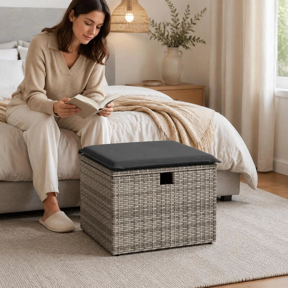 Garden Stool With Cushion, Grey, 55x55x37 Cm, Poly Rattan