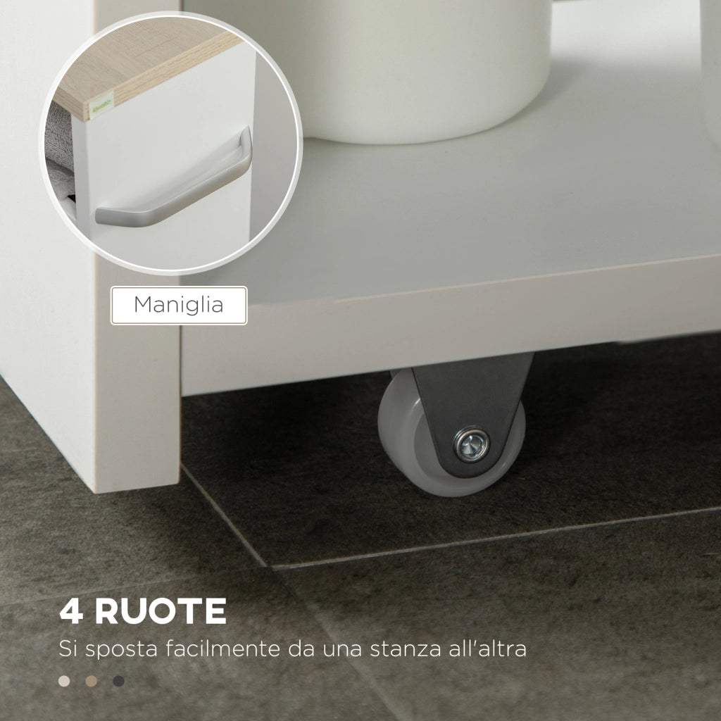 Carrello Bagno Salvaspazio a 3 Ripiani con Rotelle e Maniglia in Legno, 48x15x80cm, Bianco
