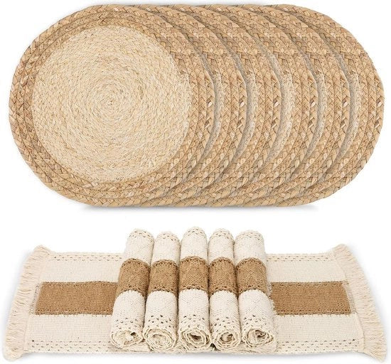 Set di tovaglie per tavola da 6 pezzi - Manufatti a mano - Cotone juta naturale - Tessuto impermeabile - Decorazione macramé - Stile rustico - Tavola da pranzo e cucina
