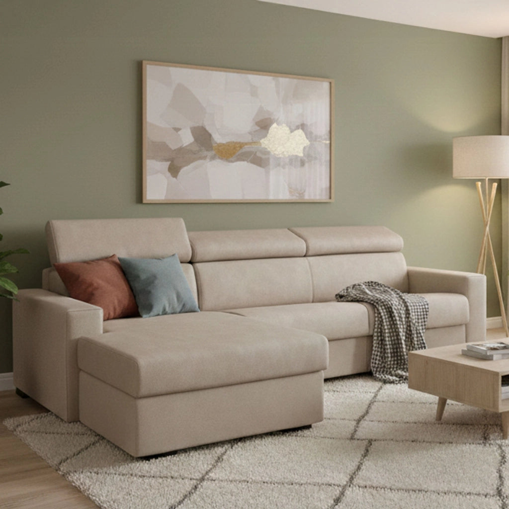 Alibabah, Divano Letto con Penisola Sfoderabile Made in Italy, 280x95 cm Beige