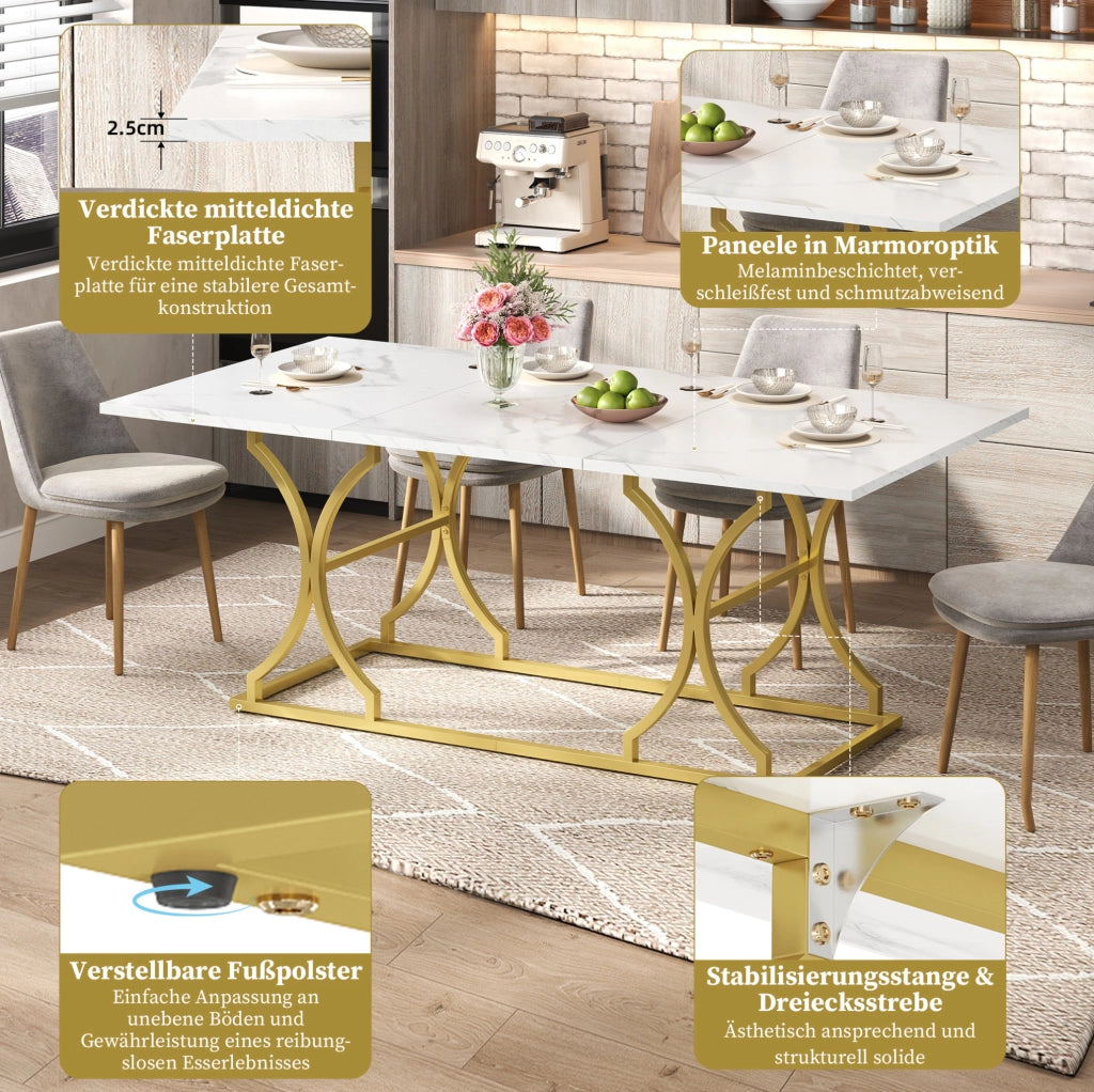 Tavolo da pranzo effetto marmo 200x80 cm bianco e oro