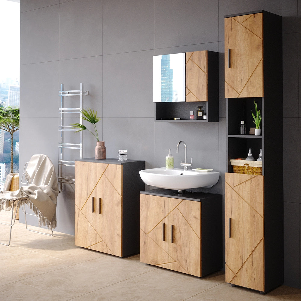 Vicco Set mobili bagno Quercia dorata/antracite 4 parti, con armadio alto e cassettiera