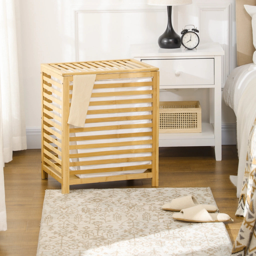 Cesto portabiancheria in bambù con coperchio e sacco interno rimovibile, 55 L, 50x36x60 cm, naturale