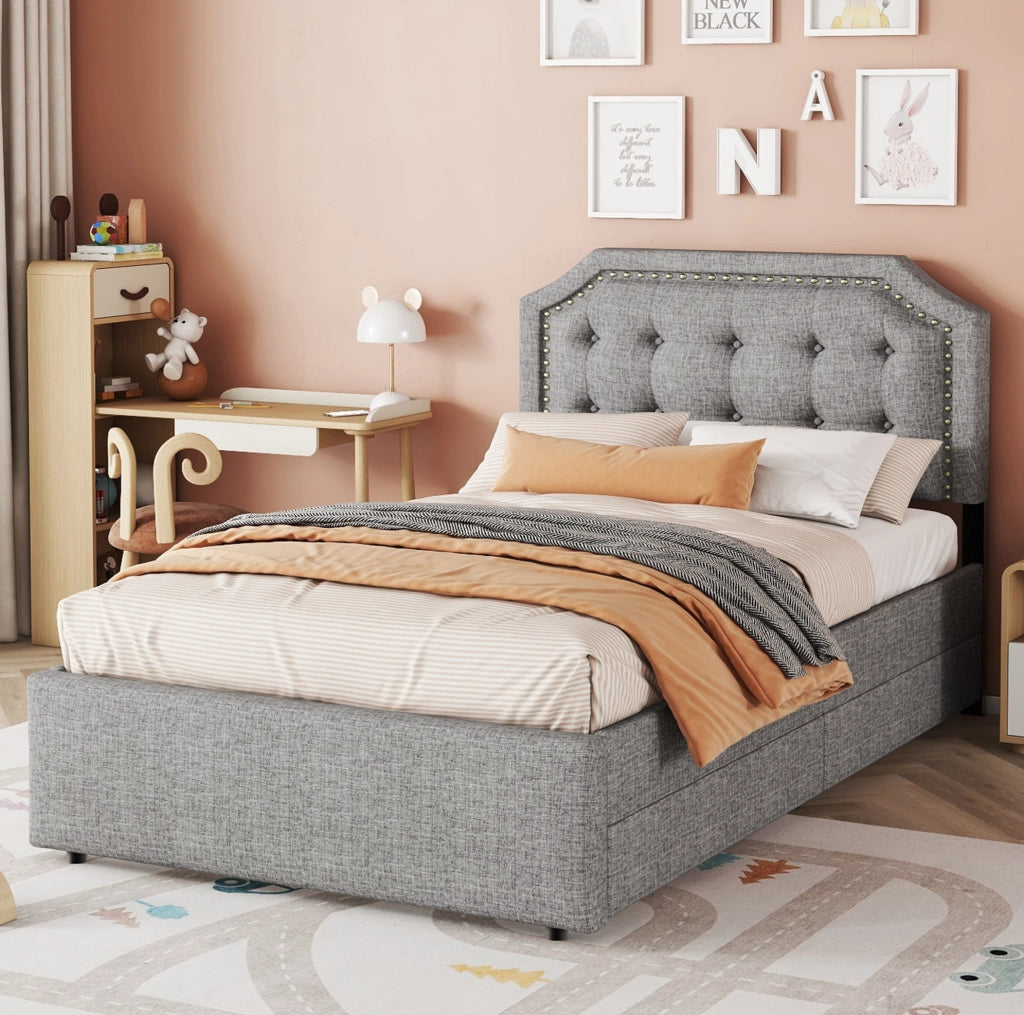 Letto imbottito 90x200 cm; con cassetti; MDF e lino; grigio