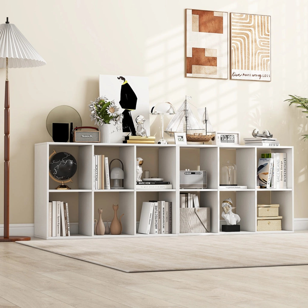 Libreria a 6 cubi aperta stile rustico con kit anti-ribaltamento, Mobile per la casa a 2 livelli espositivo Bianco
