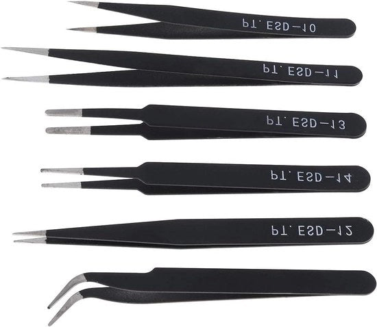 Set di Pinze Precise Plus - Non Magnetico - Curvo - Antistatico - Acciaio Inossidabile - Gioielleria - Artigianato - Elettronica - 6 pezzi