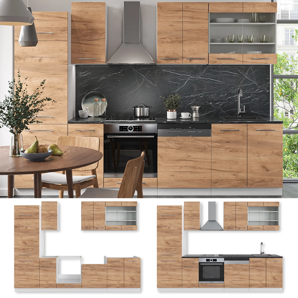 Cucina componibile Fame-Line Rovere dorato/Bianco 300 cm, PL Marmo Vicco