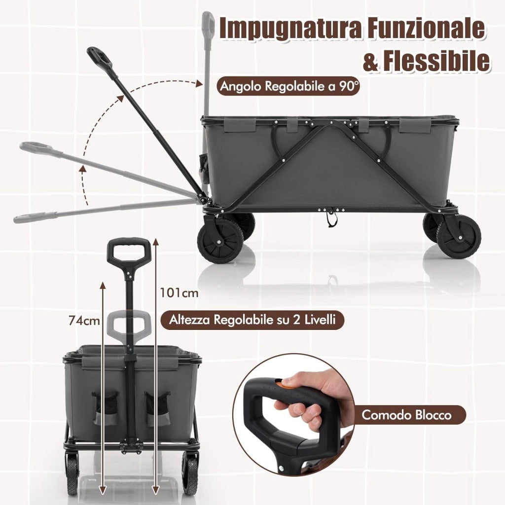 Carrello da Spiaggia Pieghevole 170 L, Carrello con Ruote Portatutto con Maniglia Regolabile e 360° Ruote, Portabottiglie e Tasca Portaoggetti, Carretto Giardino per Campeggio (Grigio)