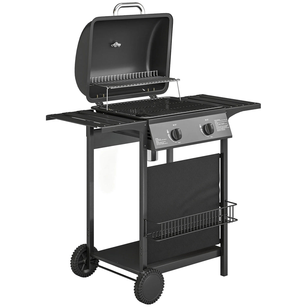Barbecue a Gas 99x56x95 cm 2 Bruciatori Tavolini Laterali Vassoio Raccogli Grassi in Metallo e Acciaio Nero