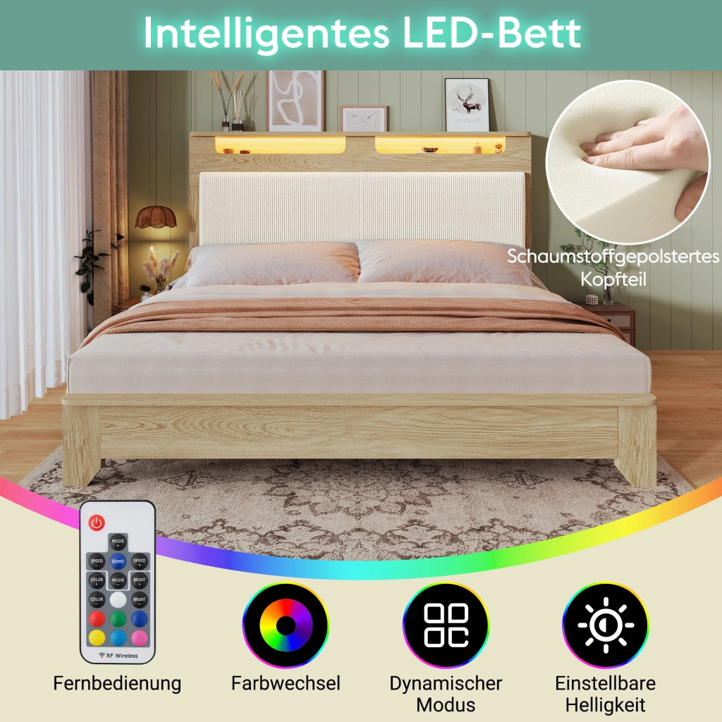 LETTO matrimoniale 160x200 cm con testiera contenitore LED rovere chiaro e beige