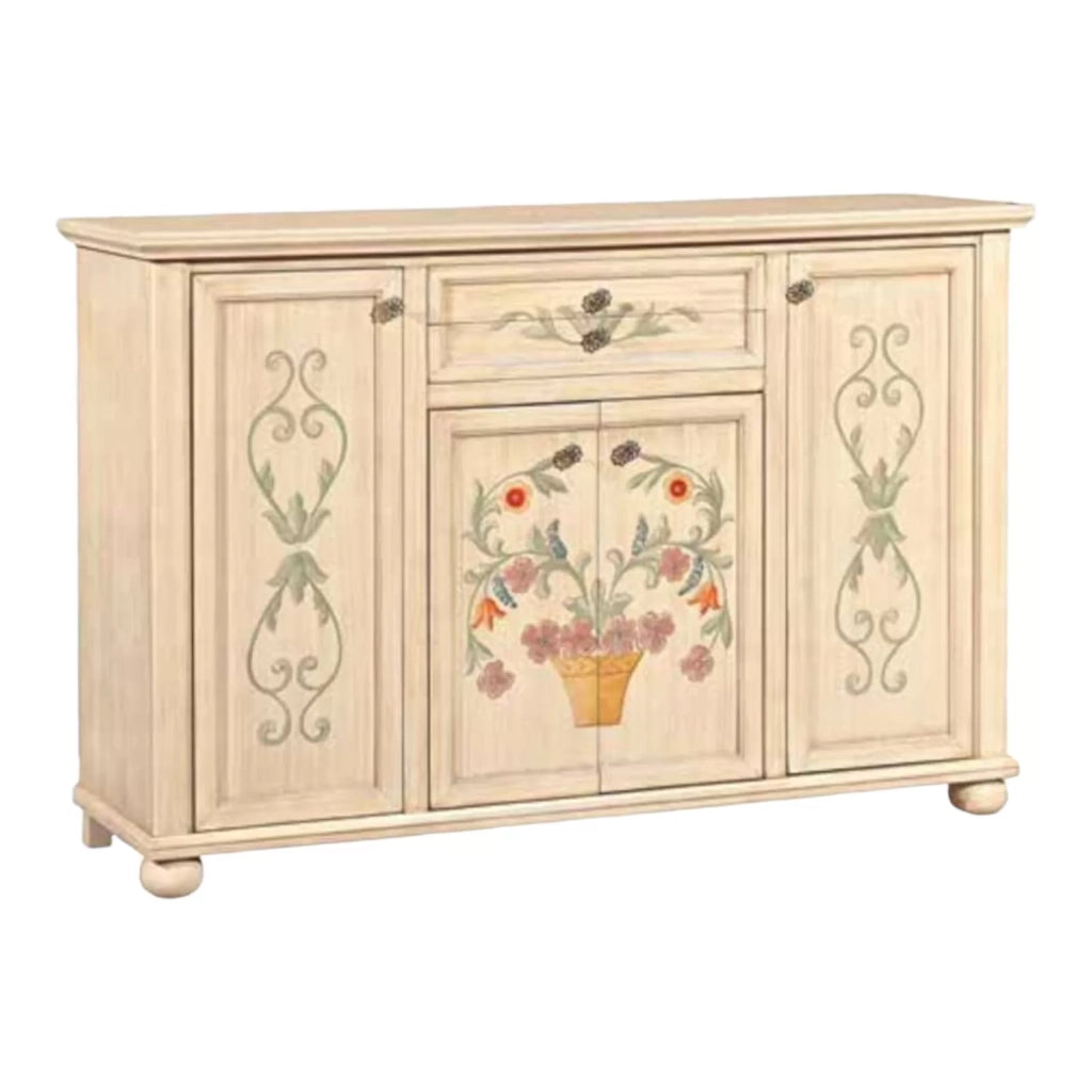 Madia credenza in legno 4 porte avorio pennellato e decori l.159 p.49 h.107 - Mobili 2G