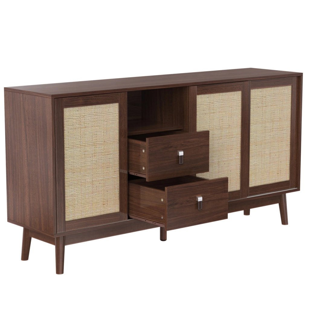 Credenza 155x38x80 cm con 3 ante scorrevoli in rattan e 2 cassetti; MDF e pannello truciolare