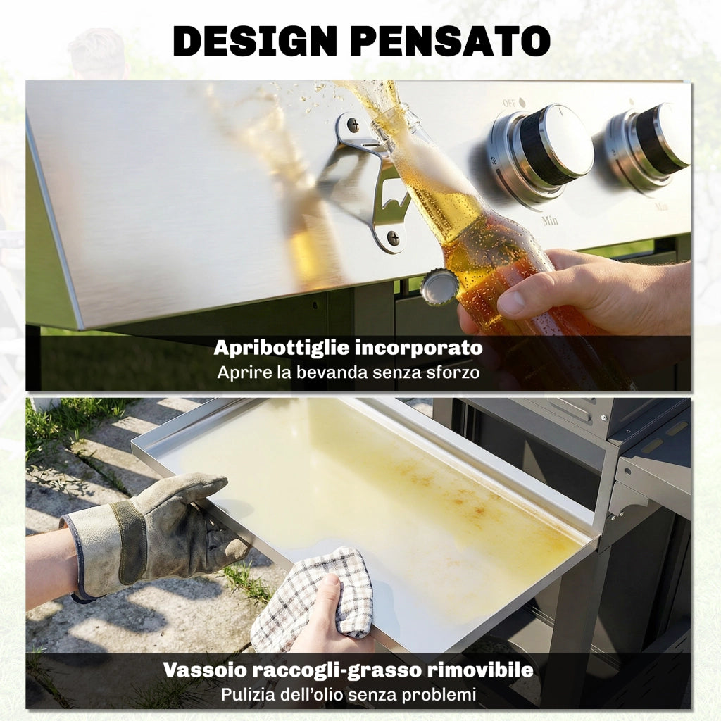 Barbecue a Gas 109x50x109 cm con 3 Fuochi e Bruciatore Laterale in Acciaio Inox e Metallo Nero