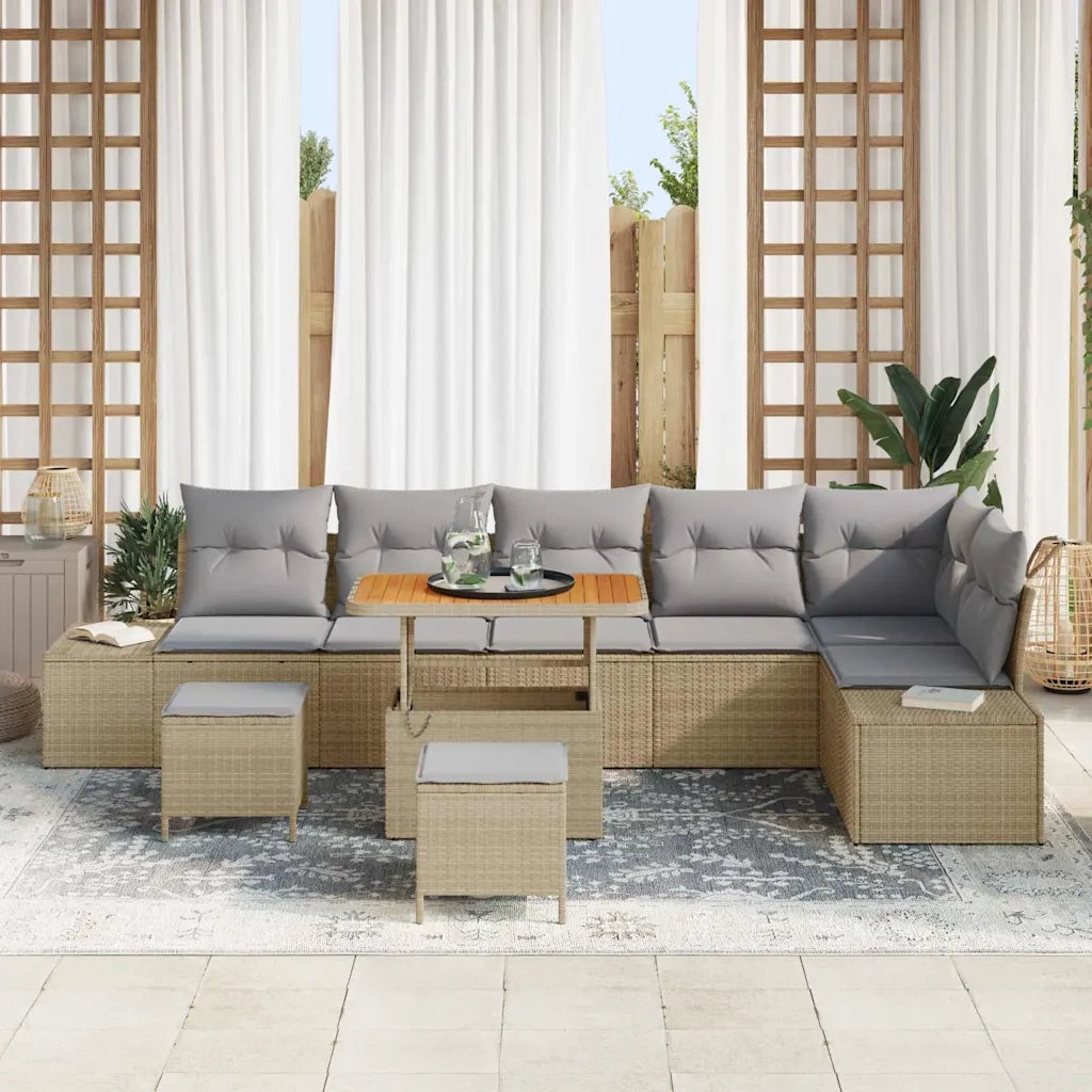 Set Divano da Giardino con cuscino 9 pcs Beige polyrattan