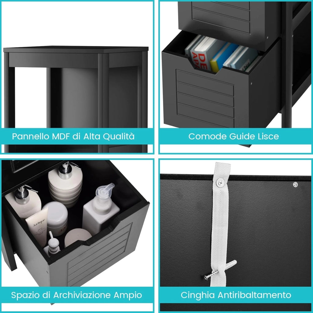 Armadietto da Bagno, Mobile di Legno Multifunzionale, con 2 Cassetti Rimovibili, Scaffale per Casa Ufficio Hotel, 30 x 30 x 89 cm (Nero)