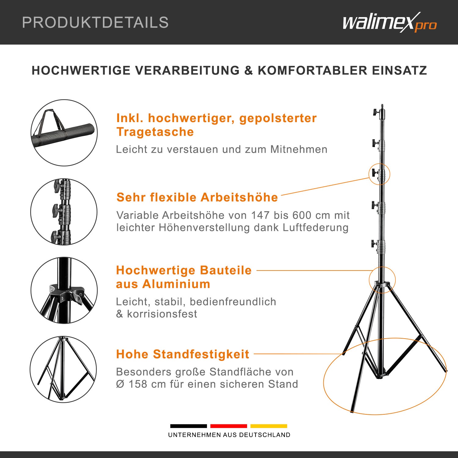 AIR Jumbo 600 Stativo per luci max 22,5 kg Cavalletto fotografico con altezza fino a 600 cm, in alluminio, Treppiedi con attacco per apparecchiature foto e video