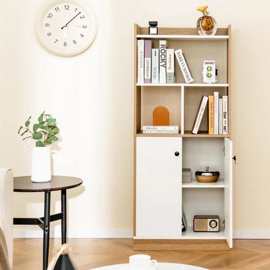 Libreria Scaffale con 2 Ante di Stoccaggio, Libreria Salvaspazio Moderna con 4 Ripiani in Legno Aperti, Mobile Alto Ufficio, per Soggiorno, Camera da Letto, 60 x 30 x 140 cm