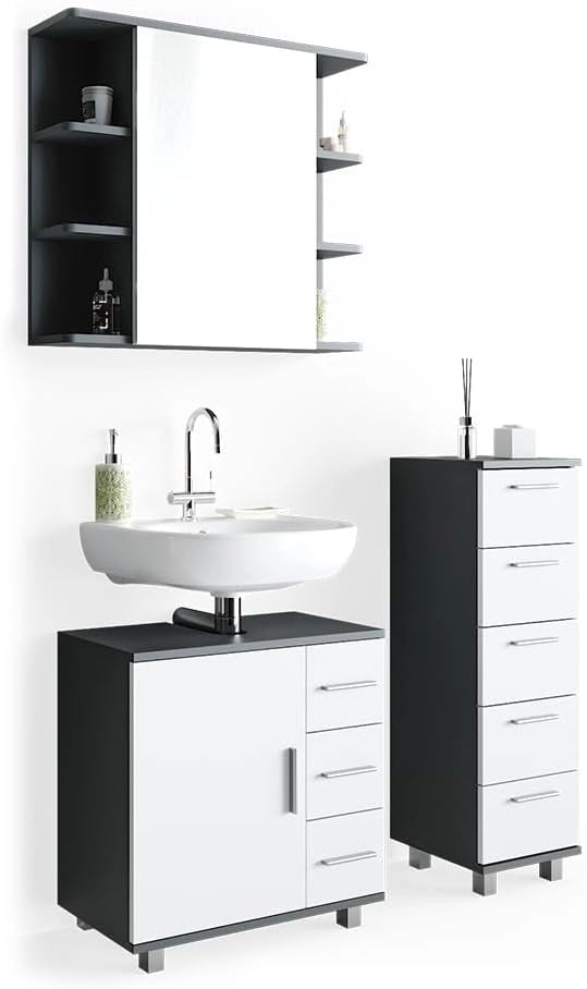 Set mobili bagno Ilias, Antracite, 60 cm, composto da mobile sottolavabo, specchiera e mobile medio