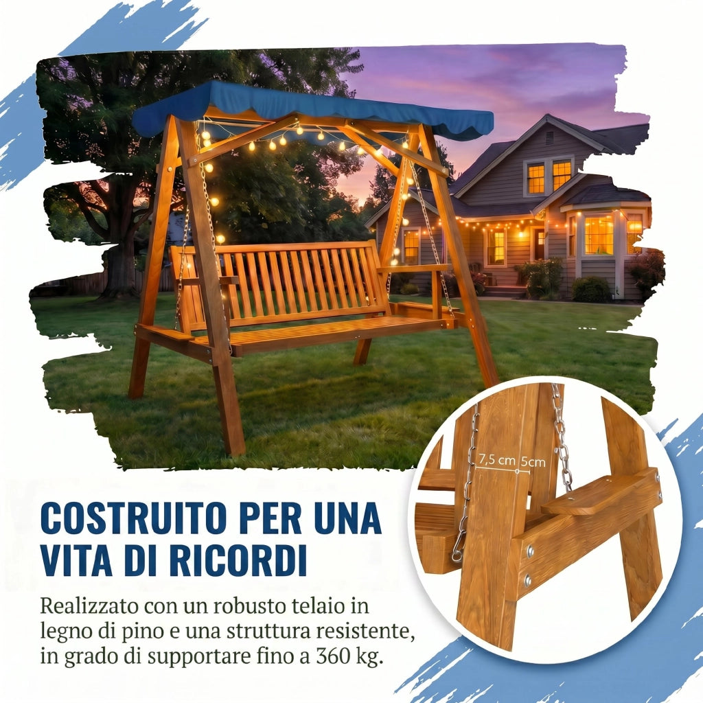 Dondolo da Giardino 3 Posti in Legno con Baldacchino 210x 130x 185cm