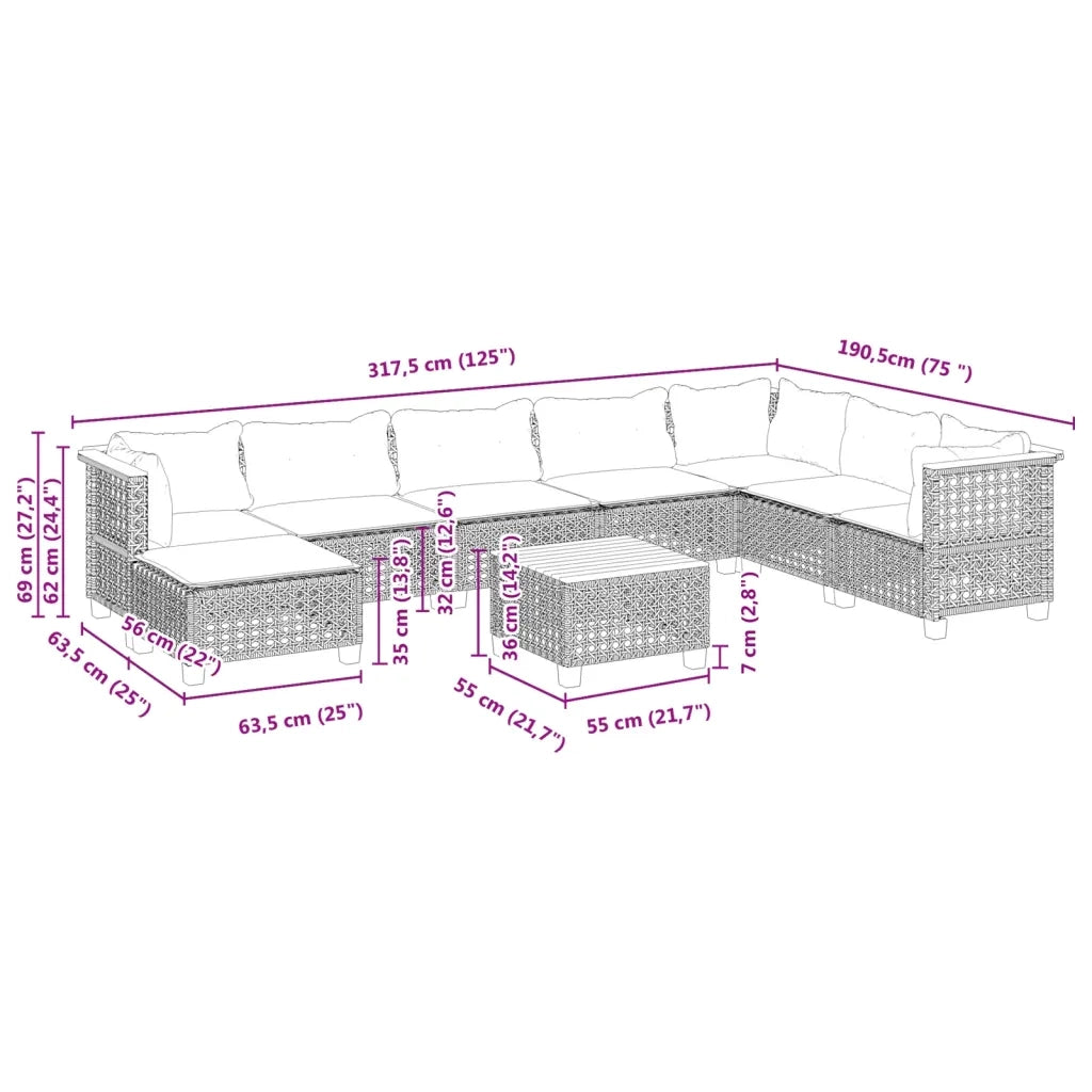 Set Divano da Giardino 9 pz con Cuscini Grigio in Polyrattan