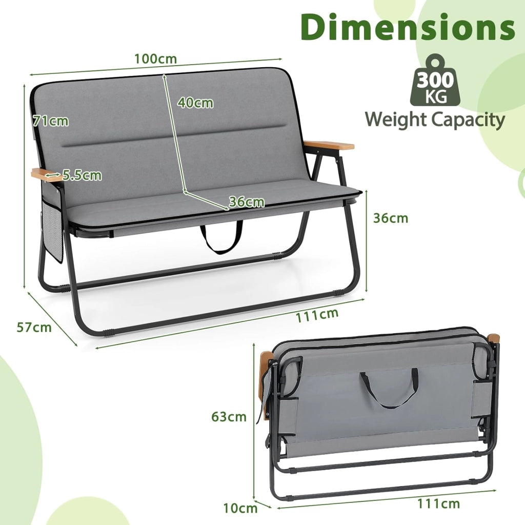 Sedia da Campeggio a 2 Posti, Sedia Pieghevole Imbottita con Tasca Laterale, Schienale Alto e Braccioli, Poltrona da Giardino Portatile con Struttura in Metallo, per Picnic, Pesca, Grigio