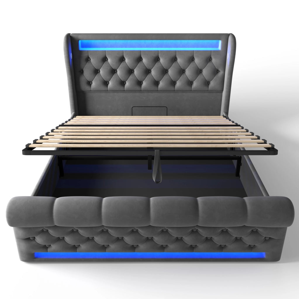 Letto matrimoniale in velluto con LED, ricarica USB e Tipo C, contenitore idraulico