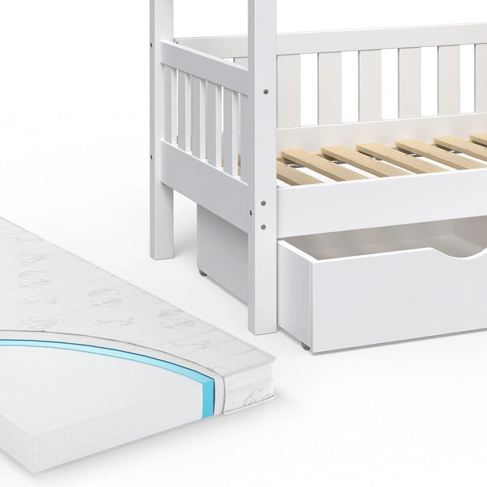 Letto montessori bambini Design, Bianco, 80x160 cm con 2 cassetti e materasso, adatto come area giochi e zona notte per bambini