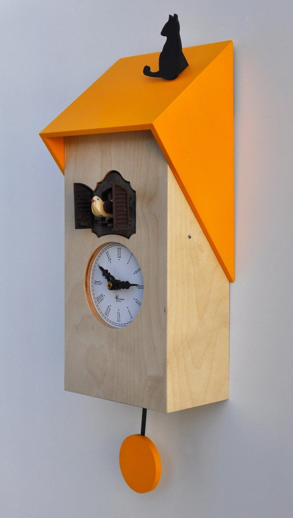 Orologio a Cucù da Parete 17x37x12 cm con Gatto Pirondini Italia Vicenza Naturale e Giallo