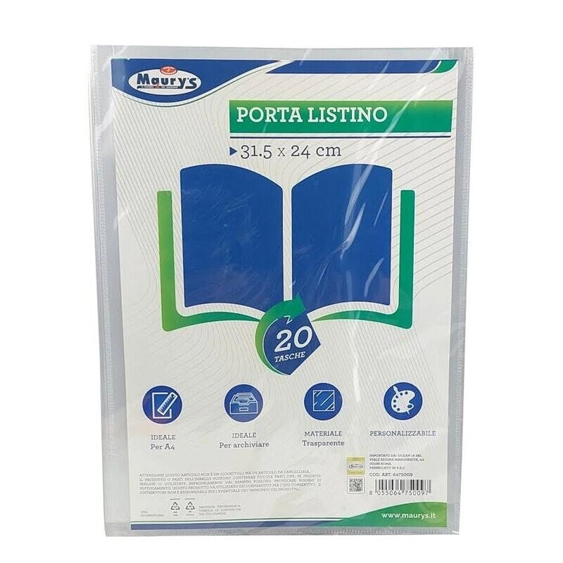 MAURY'S PORTA LISTINO CON 20 TASCHE 31,5 X 24 CM TRASPARENTE PERSONALIZZABILE