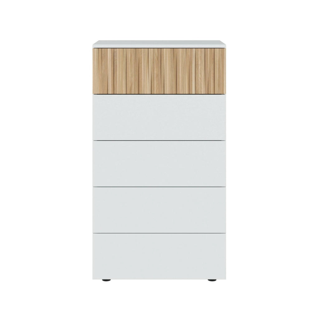 Cassettiera Asiatica, Settimanale a 5 cassetti, Mobile Comò per camera da letto, Comò moderno, 61x40h109 cm, Bianco e Rovere
