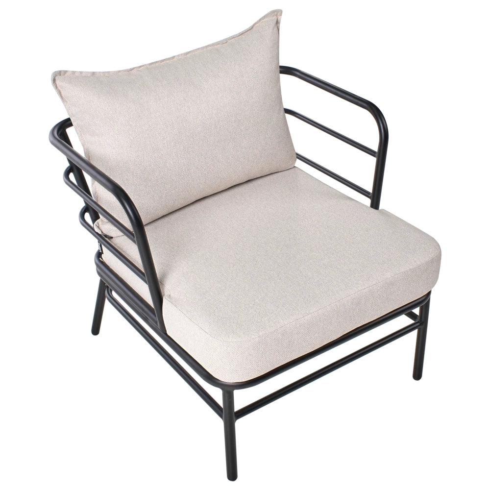 Set da giardino Cuscini in tessuto beige chiaro sfoderabili Divano a 3 posti con poltrone Telaio in alluminio nero