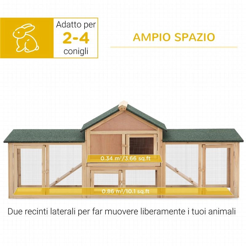 CONIGLIERA DA GIARDINO CON CORSA E RAMPE TETTO IMPERMEABILE, LEGNO, 210X45.5X84.5CM