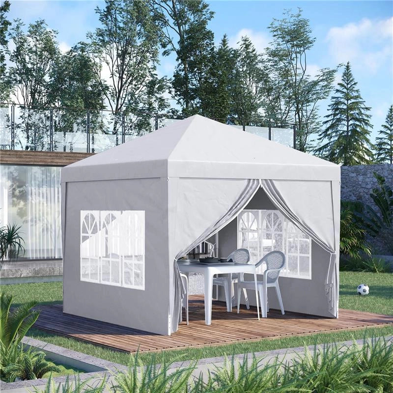 GAZEBO PIEGHEVOLE E IMPERMEABILE CON PANNELLI LATERALI IN ACCIAIO E TESSUTO OXFORD 2.95X2.95X2.58 CM BIANCO