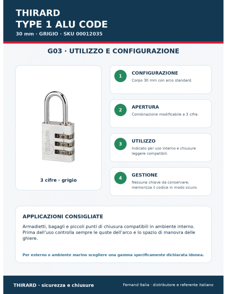 Lucchetto Maxium Code combinazione 3 cifre, 30mm, grigio, arco acciaio nichelato, corpo alluminio colorato - THIRARD