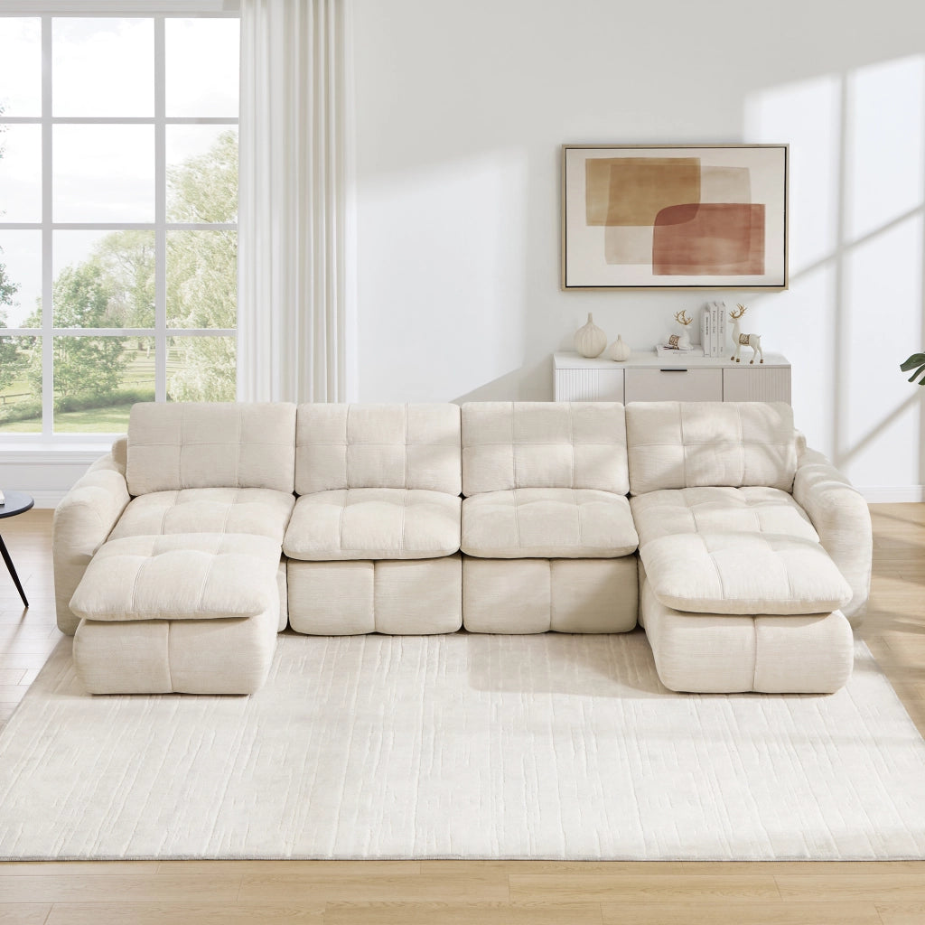 Divano modulare a U 4 posti senza montaggio con design trapuntato e 2 pouf per soggiorno in chenille beige