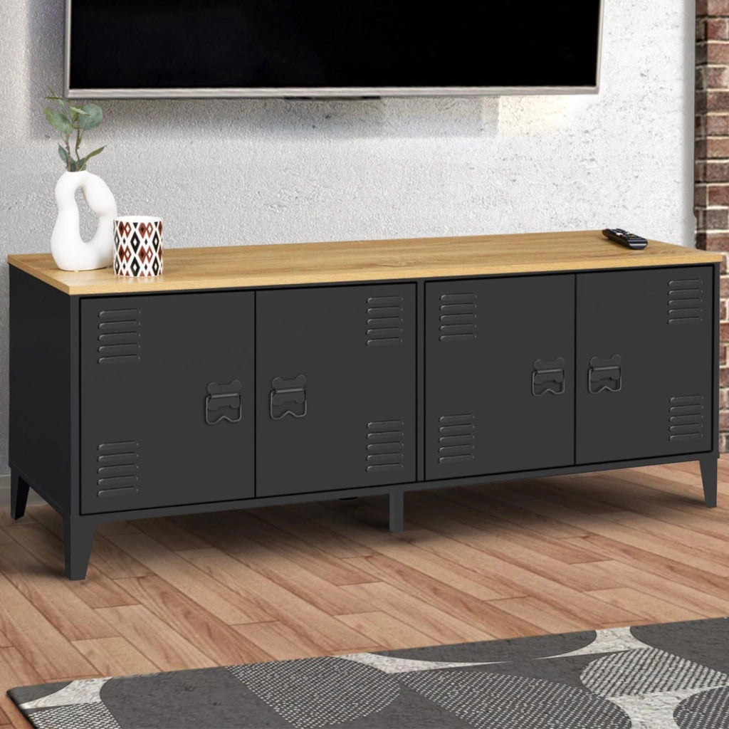 Credenza bassa ESTER 140 cm con 4 ante in metallo nero e piano in legno dal design industriale