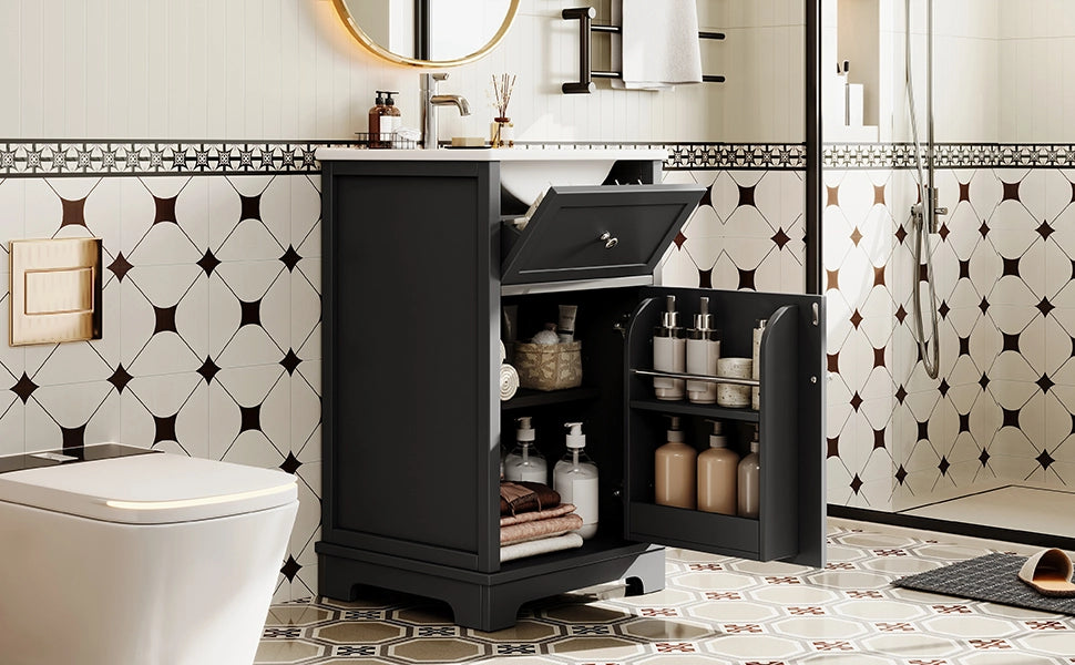 Mobile sottolavabo con lavabo integrato 1 cassetto 1 anta e ripiano regolabile in ceramica e MDF nero 51 × 46 × 87 cm