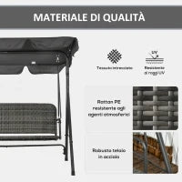 Dondolo da Giardino 3 Posti con Tettuccio Regolabile in Rattan PE, 167x112x153cm, Grigio Scuro