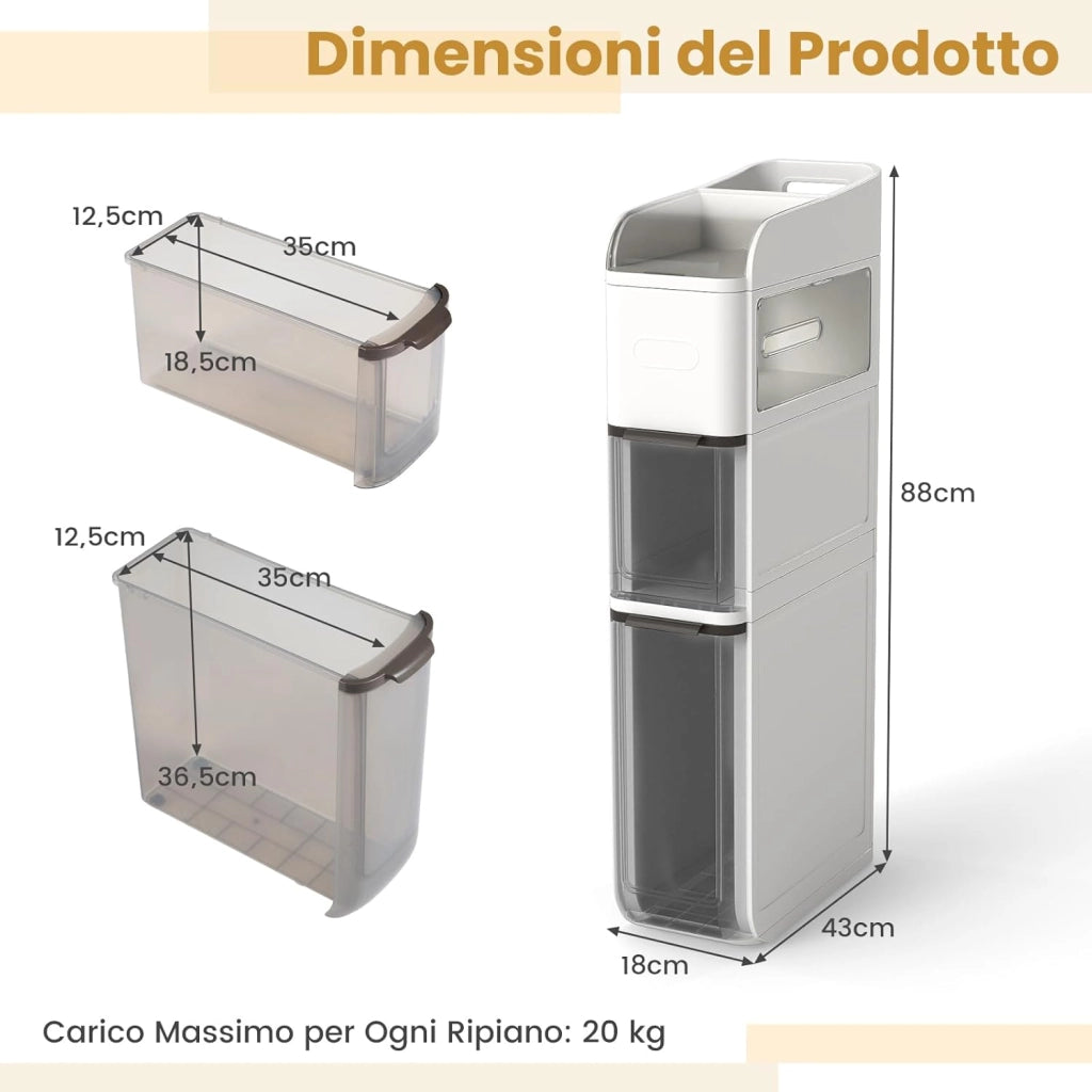 Mobile da Bagno a 4 Ripiani, Mobiletto Stretto da Pavimento con 2 Cassetti, Portafazzoletti e Ripiano Superiore, Armadietto Impermeabile in Plastica su Ruote per Camera da Letto (Bianco)