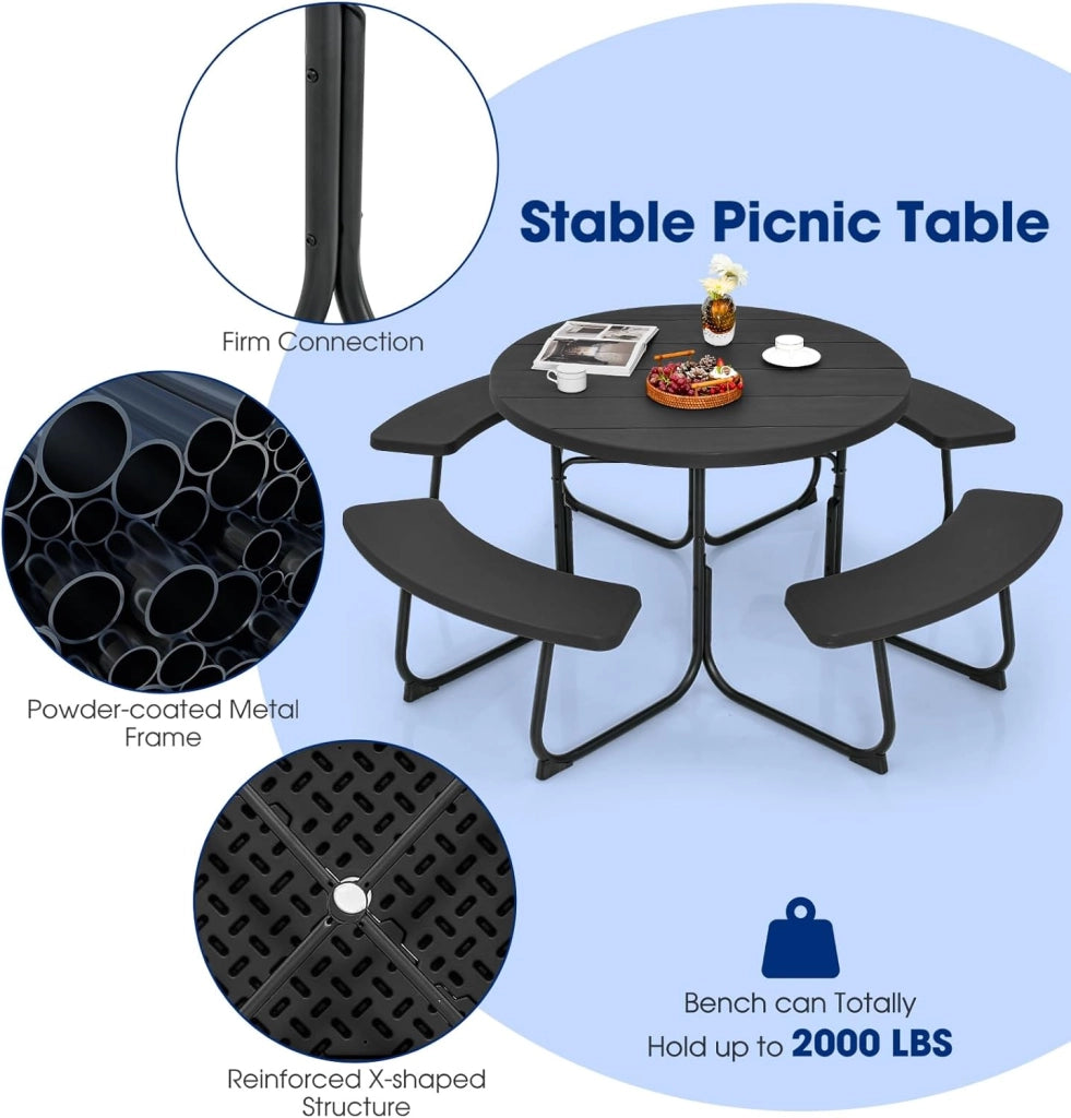 Set di Tavolo da Picnic Rotondo per 8 Persone, Set di Sedie e Tavolo con Foro per Ombrellone, Mobili da Giardino con 4 Panche, in HDPE e Metallo, φ190 x 76 cm (Nero)