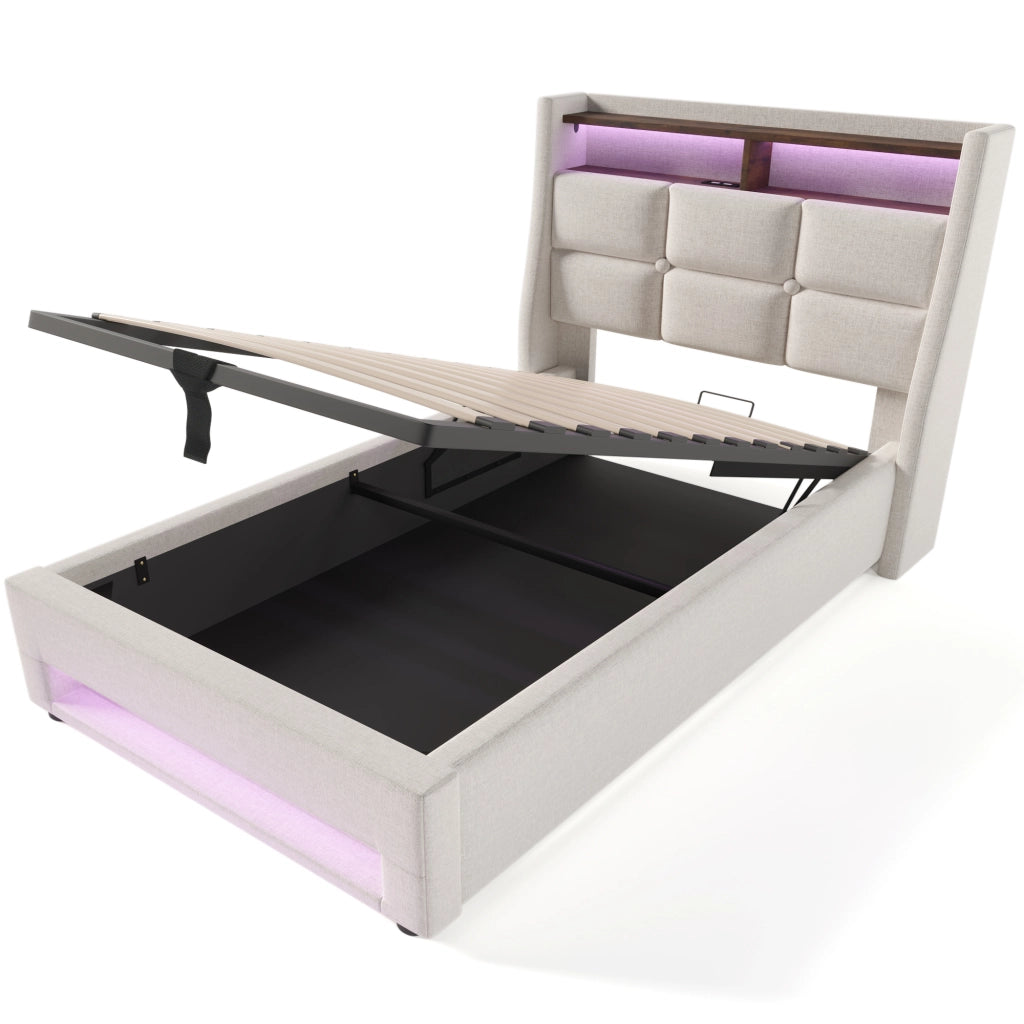 Letti contenitori 90x200 cm con LED e USB; lino beige (Senza materasso)