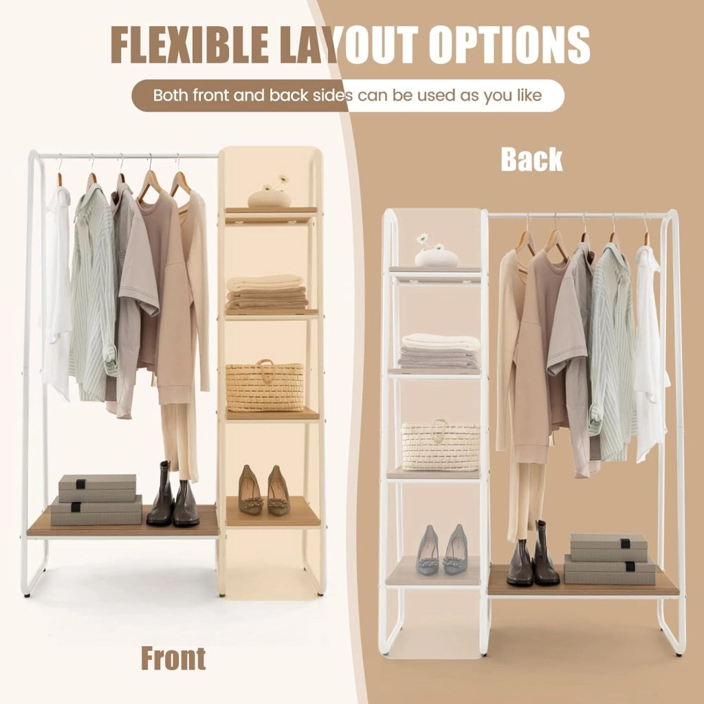 Stand Appendiabiti in Metallo, Porta Abiti Aperto con 4 Ripiani, Scaffale per Indumenti per Ingresso Soggiorno e Camera da Letto, 100x40x150cm (Naturale)